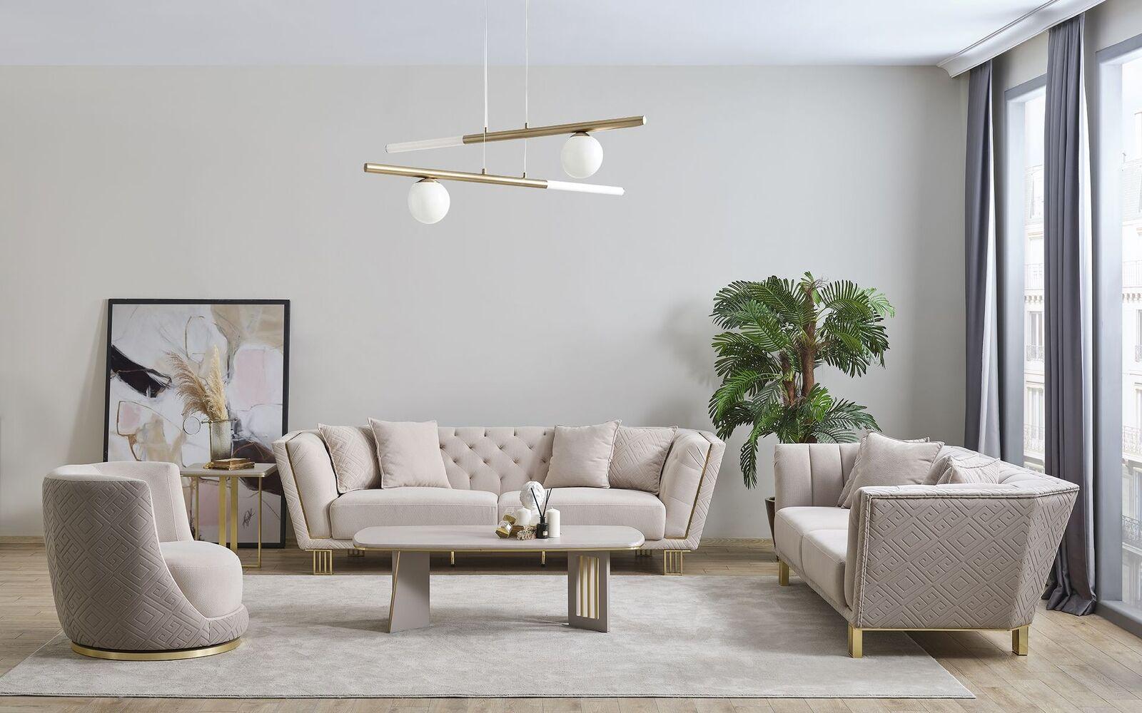 Weiße Chesterfield Wohnzimmer Garnitur 4+3 Sitzer Sessel Luxus Couchtisch