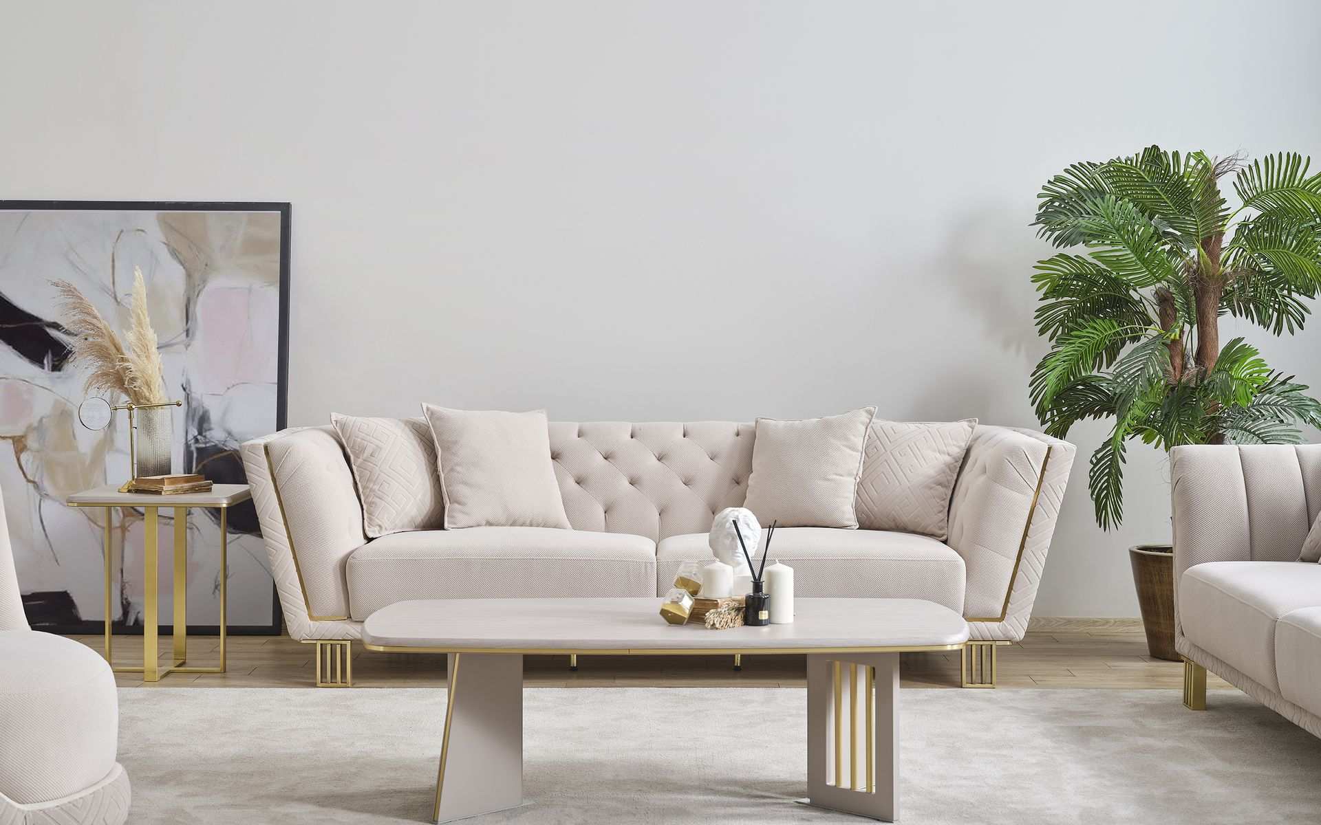 Weißes Wohnzimmer Set Chesterfield Dreisitzer Luxuriöser Couchtisch 2tlg