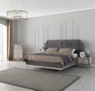 Graue Schlafzimmer Einrichtung Designer Textilbett 2x Holz Nachttische