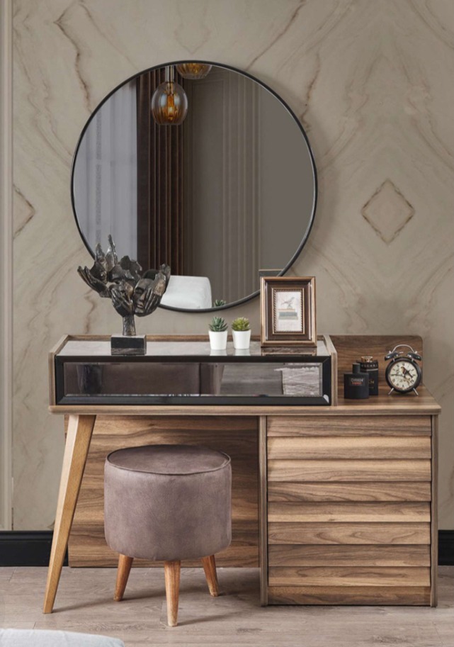 Brauner Holz Schminktisch mit Rundspiegel Designer Schlafzimmer 2tlg Set Konsole