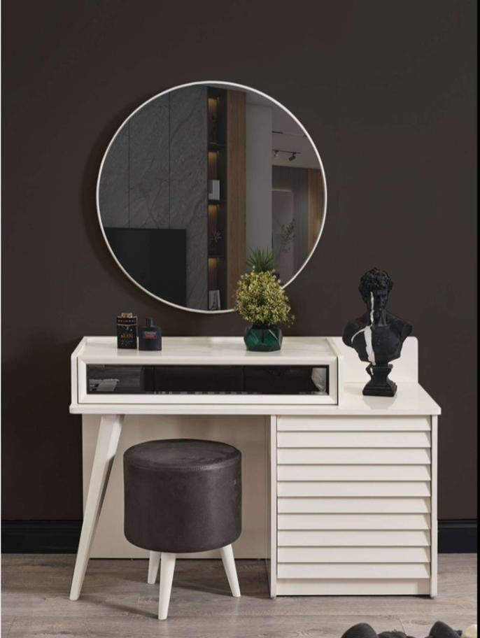 Weißer Schminktisch mit Schubladen Rundsessel Konsole Luxus Polsterhocker 3tlg