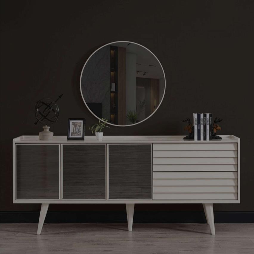 Weißes Sideboard Luxuriöser Rundspiegel Designer Holzmöbel 2tlg Set Neu