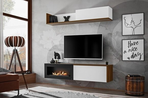 Wohnzimmer TV Ständer mit Kamin Wohnwand Wandregal Holz Möbel Neu