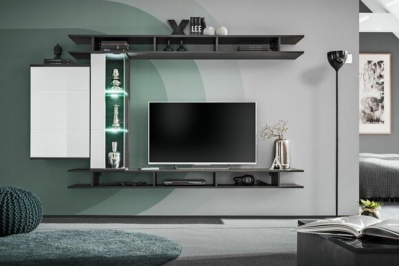 Modern Wohnwand Grau Designer Wohnzimmer Möbel Holz Wandschrank