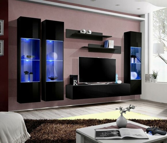 Wohnzimmer Garnitur 6 tlg Wohnwand Lowboard TV-Ständer Hänge Vitrine Holzmöbel
