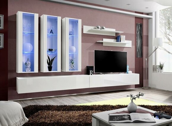 Weiß Wohnwand Designer Hänge Vitrine TV Ständer Sideboard Holz Modern