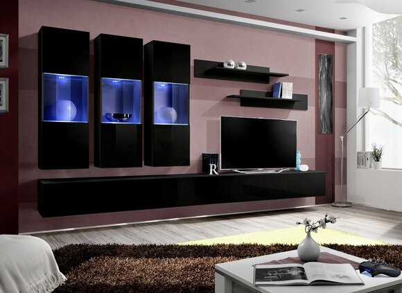 Set 7 tlg Wohnwand Holzmöbel 2x TV Ständer Moderne Wand Regale Schwarz