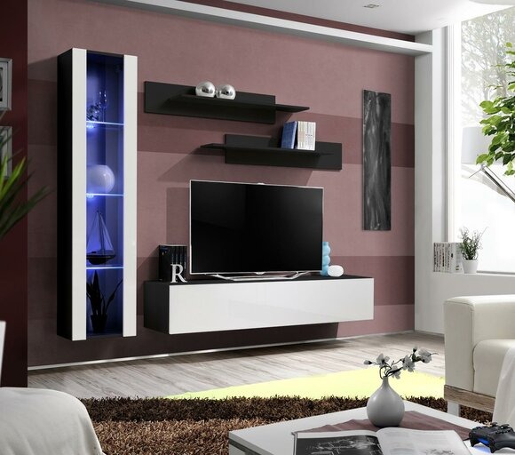 Designer Wohnwand Set 4tlg Schwarz Wohnzimmermöbel Hänge Vitrine Einrichtung
