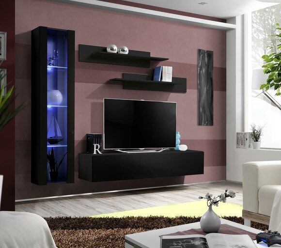Wohnzimmermöbel Schwarz Komplett Set Wohnwand Designer Hänge Vitrine Möbel