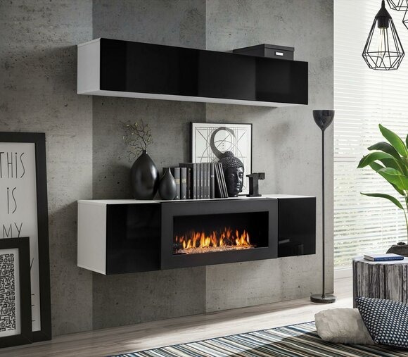 Wohnwand Schwarz Hänge Sideboard Schrank Kommode 2tlg mit Kamin Hochglanz