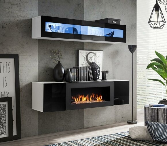Schwarz Hänge Schrank Holzmöbel Hochglanz Sideboard Designer Komplett Wohnwand