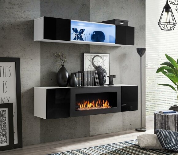 Designer Hänge Sideboard Holzmöbel Komplett Schwarz Luxus Wohnwand 2 tlg. Neu