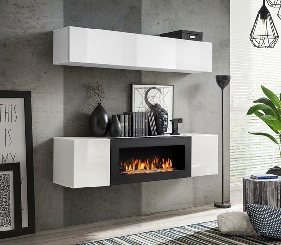 Wohnwand Hänge Sideboard Schrank 2tlg mit Kamin Schränke Schwarz Hochglanz