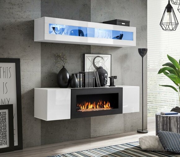 Garnitur Wohnwand Luxus Weiß Hänge Sideboard Wohnzimmer Modern Möbel Set 2 tlg.