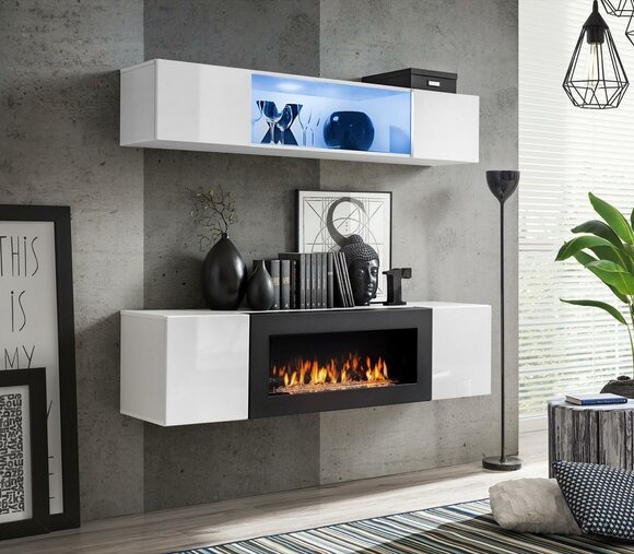 Weiß Wohnwand Luxus Hänge Sideboard Schrank 2tlg mit Kamin Wohnzimmer Möbel
