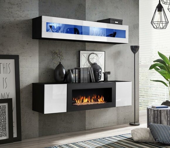 Wohnwand Set 2tlg Sideboard mit Kamin Schrank Wohnzimmer Hochglanz Möbel Neu