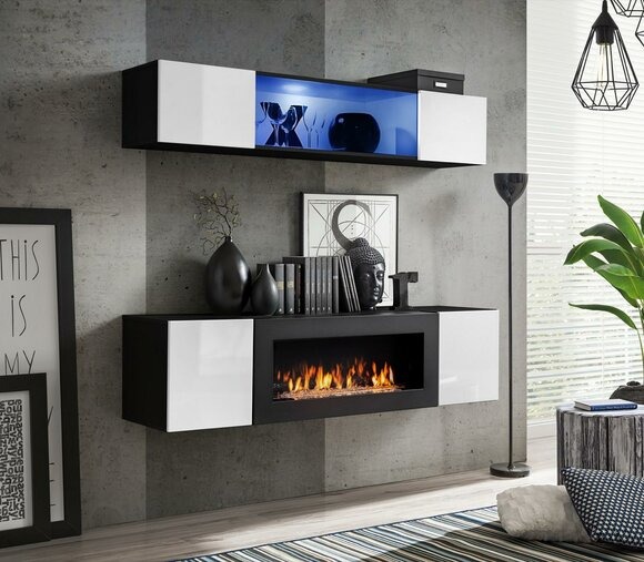 Hänge Sideboard Wohnzimmer Hochglanz mit Kamin Möbel Wandschrank Schrank 2 tlg.