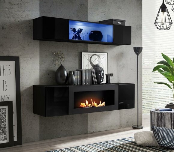 Garnitur 2tlg Hänge Sideboard mit Kamin Schrank Komplett Wohnzimmer Hochglanz