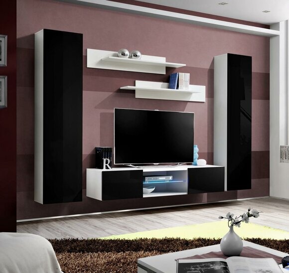Designer Wohnzimmer Luxus Wohnwand Hänge Sideboard mit Kamin Modern Design
