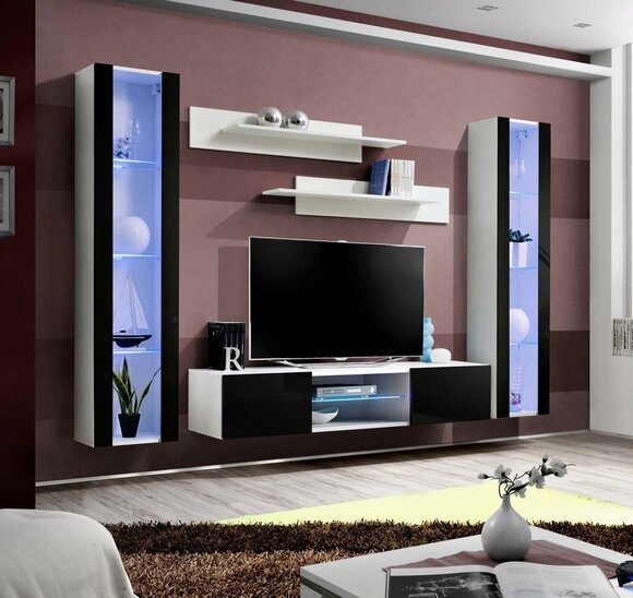Wohnwand Set 5tlg Wohnzimmer Luxus 2x Hänge Vitrine TV-Ständer Wand Regale