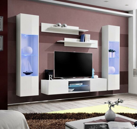Weiß Wohnwand Wand Regale Hänge Vitrine Komplett Wohnzimmer Designer