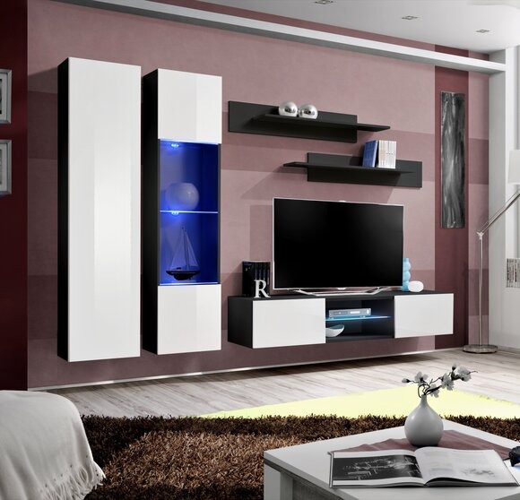 Wohnwand Set 5tlg. Wohnzimmer RTV Regal Modern Garnitur Hänge Vitrine Holz Neu