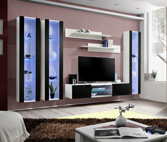 Garnitur Wohnzimmer Set Wohnwand Hänge Vitrine Moderne Komplett Design Neu