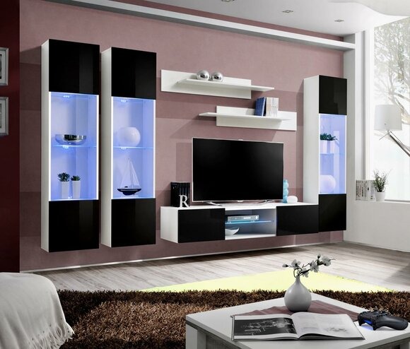 Wohnwand TV-Ständer Sideboard Hänge Vitrine Holz Weiß Luxus Wohnzimmer