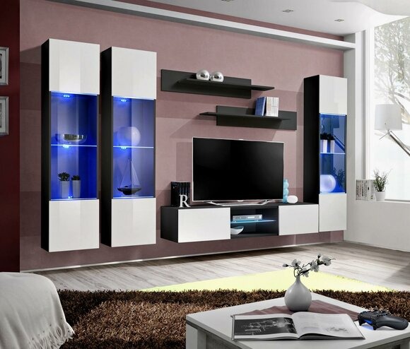 Wohnwand Komplett Set Hänge Vitrine Einrichtung Luxus TV Ständer Sideboard Holz