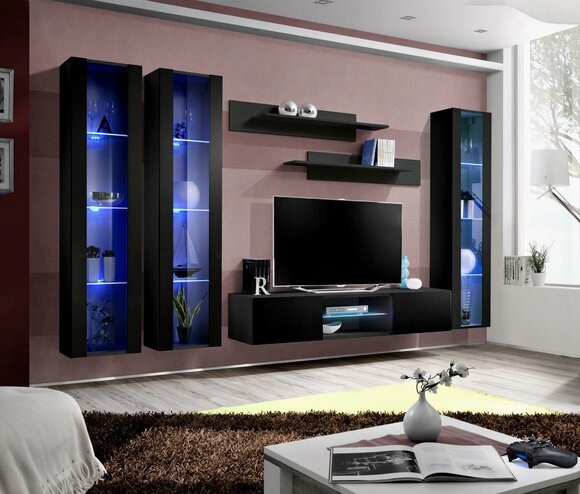 Luxus Schwarz Wohnwand Hänge Vitrine Designer Wohnzimmer Holz Möbel Einrichtung