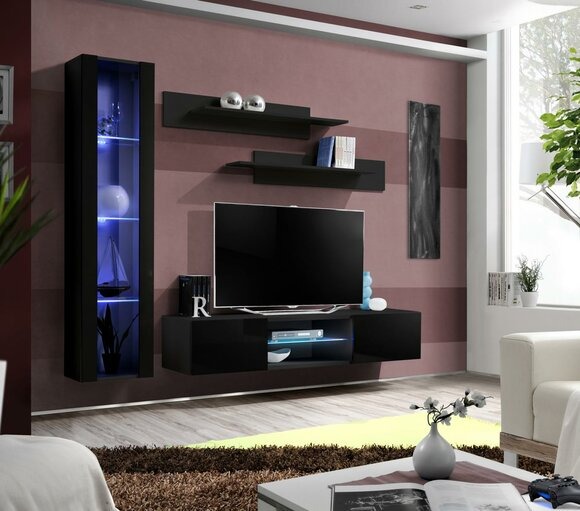 Schwarz Wohnwand Luxus Set 4tlg. Wohnzimmer rtv Hänge Vitrine Moderne Wandregale