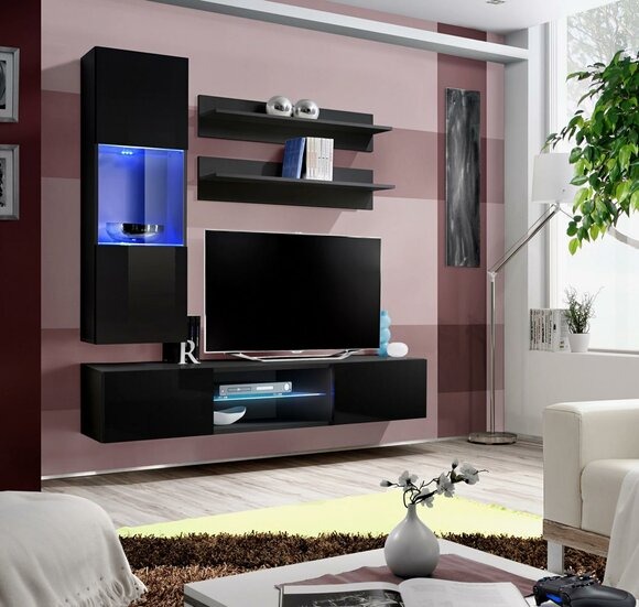 Luxus Hänge Vitrine Wohnwand Set Wohnzimmermöbel Hochglanz Schwarz Einrichtung