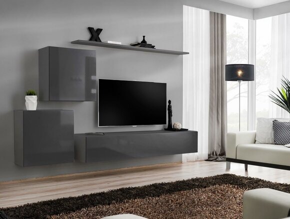 Wohnzimmer Modern Stil Wohnwände 4tlg Set Sideboard Grau Regal Neu