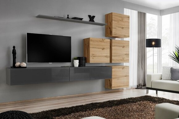 Grau TV Ständer Wandregal Luxus Wohnwand Einrichtung Modern Komplett Sideboard