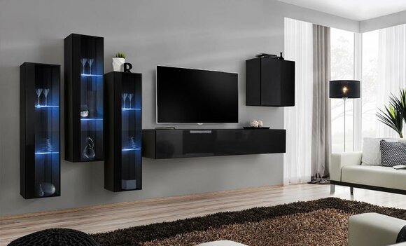 Schwarz Wohnwand Wohnzimmer Set Vitrine Schrank Wandregal 5tlg. Einrichtung