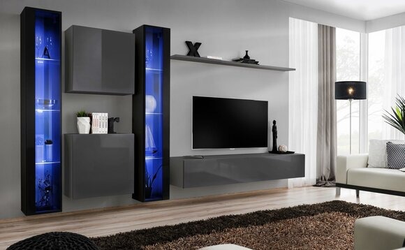 Wohnzimmermöbel 2x Wandschrank Grau Modern Sideboard Einrichtung Hänge Vitrine