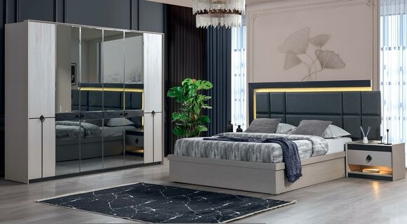 Design Schlafzimmer Modern Luxus Komplett Bett Kleiderschrank Neu 2x Nachttische