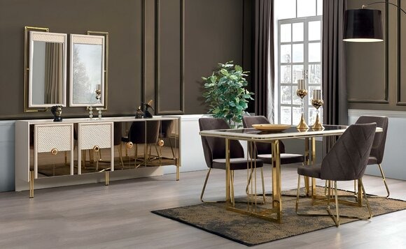 Luxus Komplett Set Esszimmer Design Esstisch Sideboard mit Spiegel