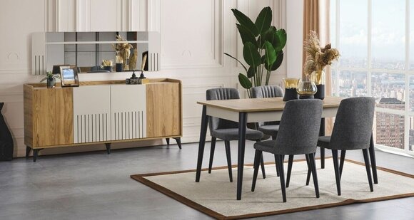 Esszimmer set Esstisch 4x Stühle und Sideboard mit Spiegel modern Set