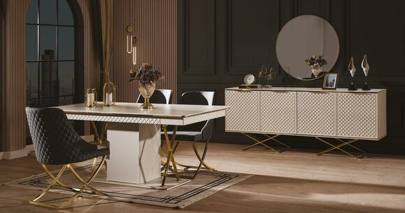 Luxus Esszimmer Set Esstisch 4x Stöhle und Sideboard Spiegel 7tlg Möbel