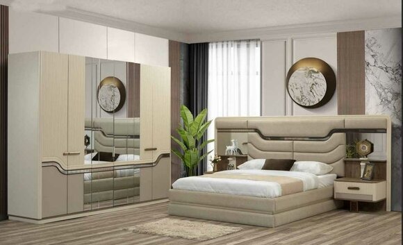Moderne Möbel Schlafzimmer luxuriös set 4tlg Beige Nachttisch Schrank Bett
