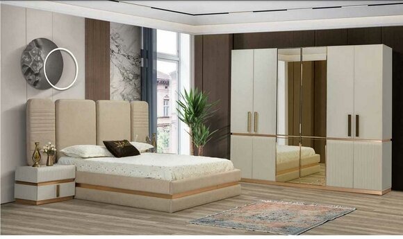Bett 2x Nachttische Kleiderschrank 4tlg Schlafzimmer Set Design Luxus
