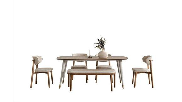 Chic Set Besteht aus Esstisch und 4x Stühle + Bank in Esszimmer beige