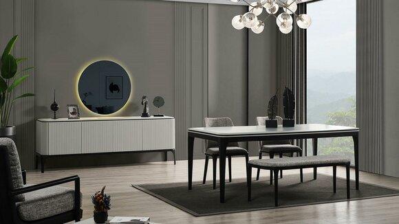 Esszimmer Set 8tlg.Esstisch 4x Stühle Spiegel Anrichte Bank Helles Farbe