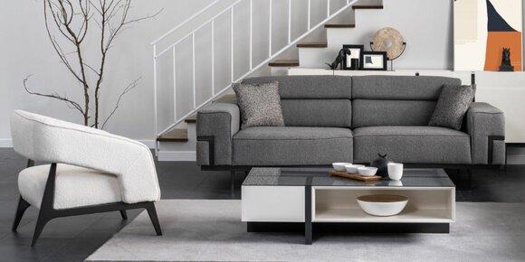 Grau-Weiße Polster Garnitur Wohnzimmer 3-Sitzer Sessel Holz Couchtisch