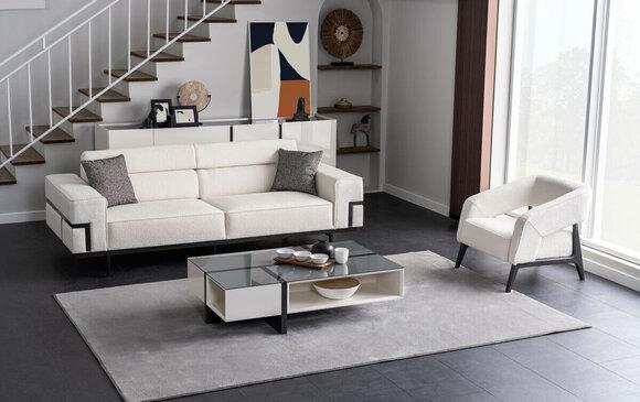 Wohnzimmer Weiße Polstergarnitur 3+1 Sitzer Designer Glas Couchtisch