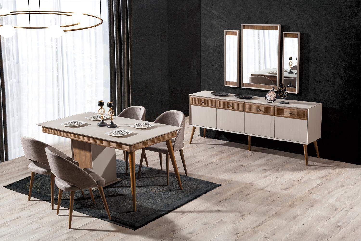 Design 9tlg.Esszimmer Set Esstisch und 4x Stühle Anrichte mit 3x Spiegel
