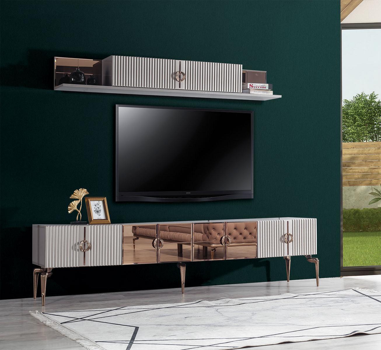 Moderne Wohnzimmerambiente Weißes RTV-Lowboard Edelstahl Regal 2tlg Set