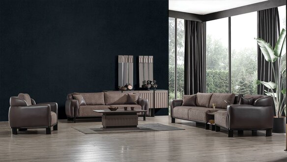 Braune Wohnzimmer Leder Garnitur 3-Sitzer Sofa Sessel Couchtisch 4tlg