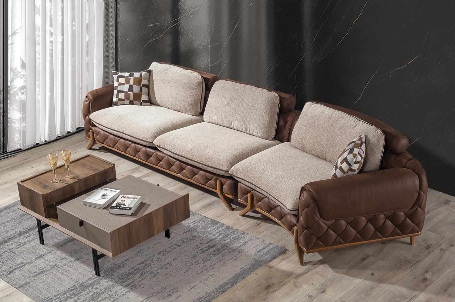 Braunes Wohnzimmer Set Designer Leder Viersitzer Sofa Couchtisch 2tlg